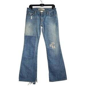 Vintage Y2K GAP Low Rise Patchwork Flare Jeans Womens 6 Blue Distressed Denim